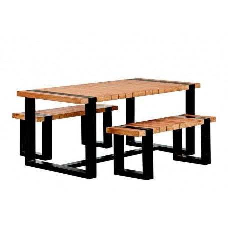 Ensemble table et bancs de jardin en teck acier noir TUINDECO