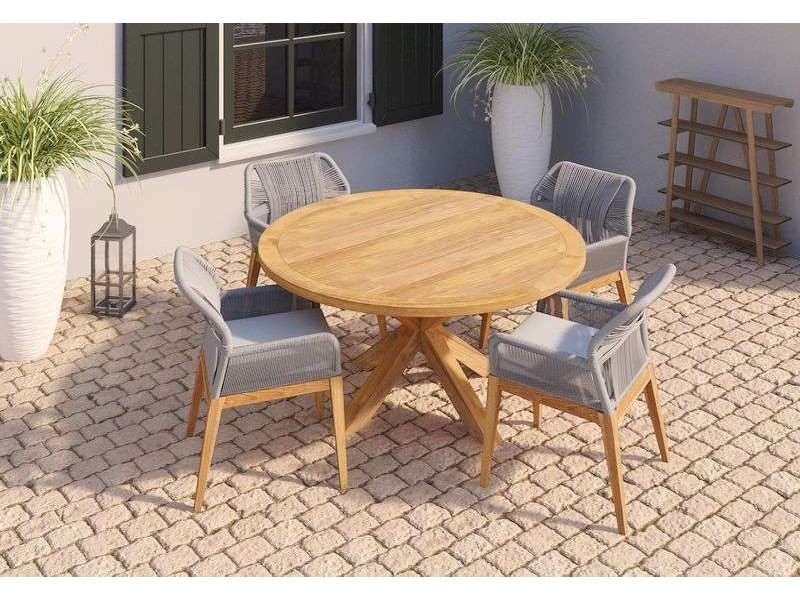 Table de jardin ronde teck avec pieds croisés - Jardin et chalet