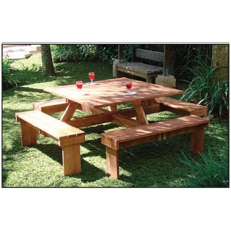 Table et bancs de picnic carrée en bois dur 210x210cm