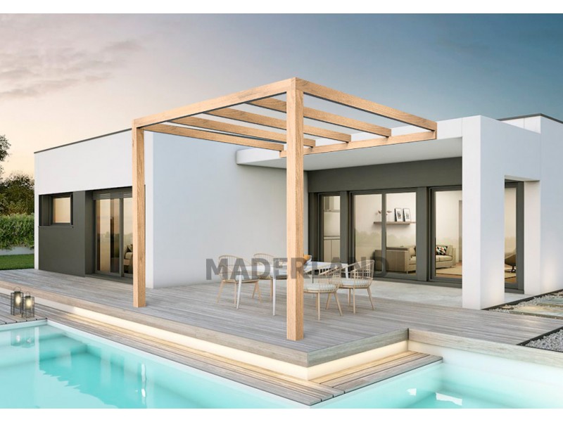 Pergola adossée Burgos de 3 à 6 mètres toit plat lamellé collé