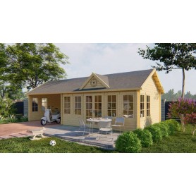 Chalet bois 18,8+13,6m2 Bridget 400x930cm - 70mm - Terrasse couverte Chalet bois 18,8+13,6m2 400x930cm Big Ben