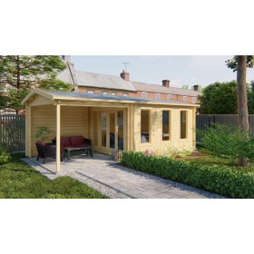 Chalet bois 12,8+8,6m2 SKIPPY 340x720cm terrasse couverte - 44mm Chalet bois 12,8+8,6m2 340x720cm SKIPPY