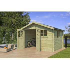 Abri de jardin 10m2 Caribe 355x295 - 28mm - Imprégnation verte Photo de l'abri de jardin 10m2 Caribe 355x295, Imprégnation verte