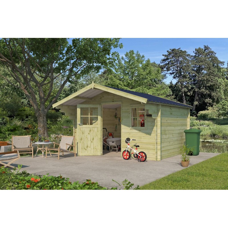 Abri de jardin 12m2 Montagne 385x295+90 - 28mm - Imprégnation verte