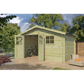 Abri de jardin 12m2 Vevey 415x295+10 - 28mm - Imprégnation verte Photo de l'abri de jardin 12m2 Vevey Imprégnation verte