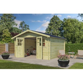 Abri de jardin 12m2 Quebec 415x385+20 - 28mm - Imprégnation verte Photo de l'abri de jardin 12m2 Quebec - 28mm - Imprégnation verte