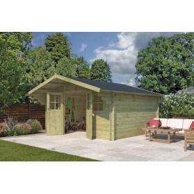 Abri de jardin 15m2 Montreal XL 415x385+90 - 28mm - Imprégnation verte Photo de l'abri de jardin 15m2 Montreal  - Imprégnation verte