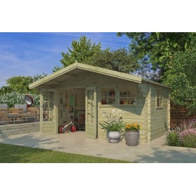 Abri de jardin 12m2 Koumac 445x295+90 - 44mm - Imprégnation verte Photo de l'abri de jardin 12m2 Koumac - 44mm - Imprégnation verte