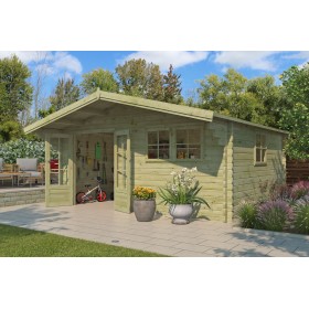 Abri de jardin 20m2 Koumac L 505x415+90 - 44mm - Imprégnation verte Photo de l'abri de jardin 20m2 Koumac - 44mm - Imprégnation verte