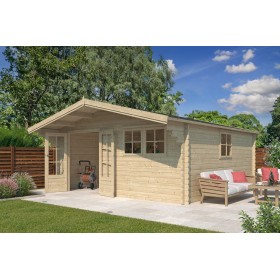 Chalet bois 25m2 Koumac XL 505x505+90 - 44mm - Bardeaux inclus Photo du chalet bois 25m2 Koumac - 44mm - Bardeaux inclus