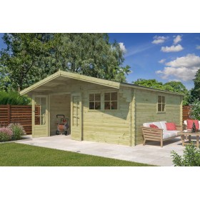 Chalet bois 25m2 Koumac XL 505x505+90 - 44mm - Imprégnation verte Photo du chalet bois 25m2 Koumac - 44mm - Imprégnation verte