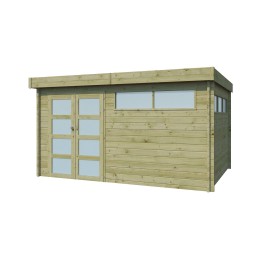 Abri de jardin 12m2 - 415x295cm - 44mm - Imprégnation verte - Toit plat Vue de l'Abri de jardin 12m2 -Imprégnation verte - Toit plat