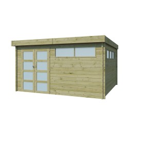 Abri de jardin 15m2 - 415x385cm - 44mm - Imprégnation verte - Toit plat Vue de l'abri de jardin 15m2 - Imprégnation verte - Toit plat