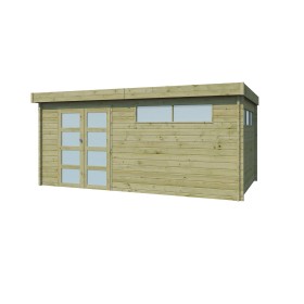 Abri de jardin 15m2 - 505x295cm - 44mm - Imprégnation verte - Toit plat Vue de l'abri de jardin 15m2 - Imprégnation verte - Toit plat