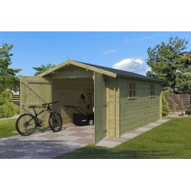 Garage bois 16m2 Classic 505x320+30 - 28mm - Imprégnation verte - 1 voiture Photo du Garage bois 16m2 Classic - Imprégnation verte - 1 voiture