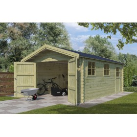 Garage bois 20m2 Classic 565x385+30 - 44mm - Imprégnation verte - 1 voiture Photo du Garage bois 20m2 Classic toit bac acier - imprégnation verte