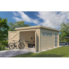 Garage bois 16m2 Orge 505x325 - 28mm - Toit plat bac acier laqué - 1 voiture Photo du Garage bois 16m2 Orge - Toit bac acier laqué - 1 voiture