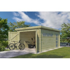 Garage bois 16m2 Orge 505x325 - 28mm - Imprégnation verte - 1 voiture Photo du Garage bois 16m2 Orge 505x325 - Imprégnation verte