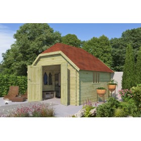 Abri de jardin 12m2 Oxon 355x355 - 28mm - Imprégnation verte - Bardeaux inclus Photo de l'Abri de jardin 12m2 Oxon 355x355 - 28mm - Imprégnation verte