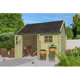 Abri de jardin 10m2 Vienne S 385x295 - 28mm - Imprégnation verte - Bardeaux inclus Photo de l'Abri de jardin 10m2 Vienne S 385x295 - 28mm - Imprégnation verte