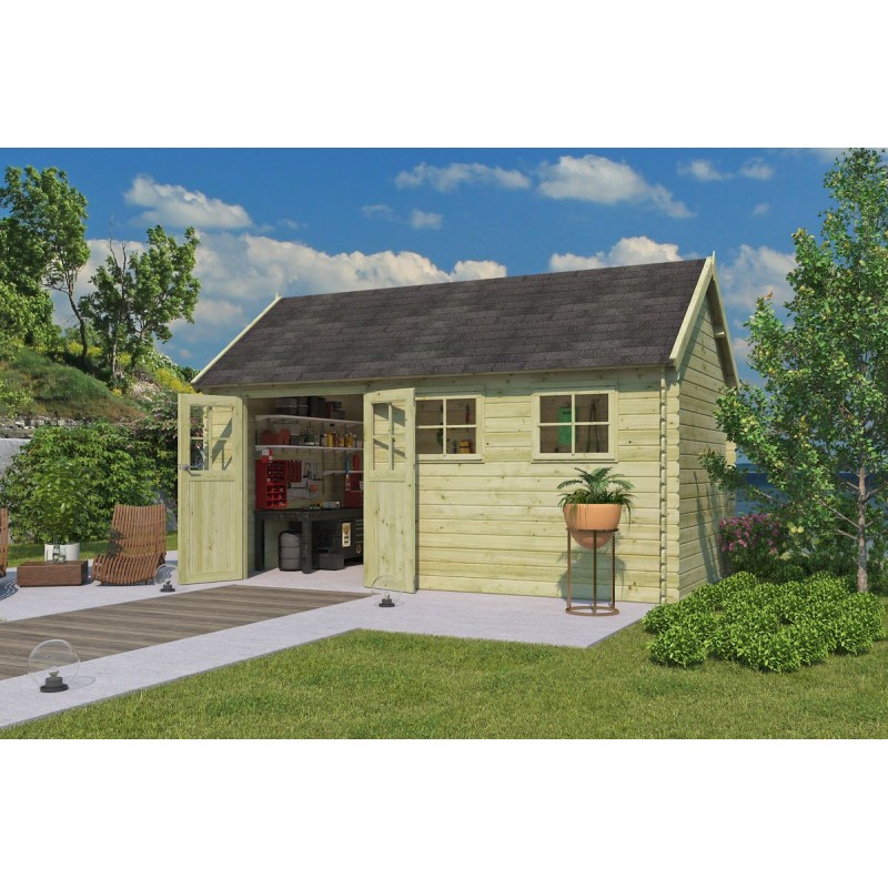 Photo de l'Abri de jardin 15m2 Vienne XL 505x295 - 28mm - Imprégnation verte + Bardeaux