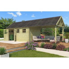 Abri de jardin 25m2 Vienne XL+EXT 880x295 - 28mm - Imprégné vert + Bardeaux Photo du Pool House 25m2 Vienne XL+EXT 880x295 - 28mm - Imprégné vert + Bardeaux