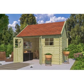 Abri de jardin 10m2 Glasgow L 355x320 - 28mm - Imprégné en vert + Bardeaux Photo de l'Abri de jardin 10m2 Glasgow L 355x320 - 28mm - Imprégné
