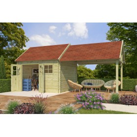 Abri de jardin 22m2 Glasgow XL 715x320 - 28mm - Imprégné en vert - Bardeaux Photo du pool house de 22m2 - 28mm - Imprégné en vert - Bardeaux