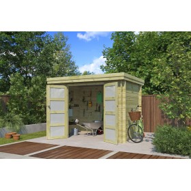 Abri de jardin 5m2 Portland 295x205cm - 28mm - Imprégnation Verte - Bac acier Photo de l'abri de jardin 5m2 Portland 295x205cm - 28mm - Imprégnation Verte - Bac acier