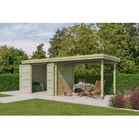 Abri de jardin 12m2 Portland 595x205cm - 28mm - Imprégnation verte + Bac acier Photo du Poolhouse 12m2 - 28mm - Imprégnation verte + Bac acier
