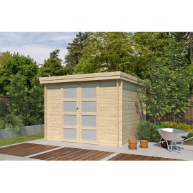 Abri de jardin 8m2 Portland 295x295cm - 28mm - Bac acier laqué avec feutre anti-condensation Photo de face du petit abri de jardin 8m2 - Bac acier