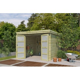 Abri de jardin 8m2 Portland 295x295cm - 28mm - Imprégnation verte - Bac acier Photo du petit abri de jardin 8m2 Portland - Imprégnation verte