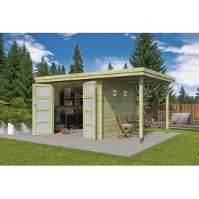 Abri de jardin 13m2 Portland 445x295cm - 28mm - Imprégnation verte - Bac acier Photo du Pool House 13m2 Portland 445x295cm - 28mm - Imprégnation verte