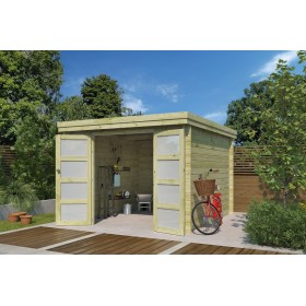 Abri de jardin 10m2 Portland 295x325+10cm - 28mm - Imprégnation verte Photo du chalet bois de 10m2 Portland - 28mm - Imprégnation verte