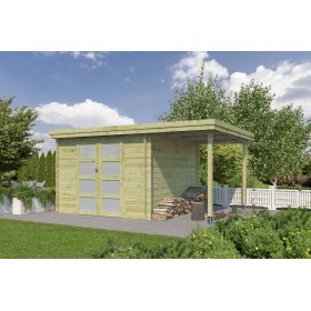 Pool House 15m2 Portland 445x325+10cm - 28mm - Imprégnation verte Photo latérale du Pool House 15m2 Portland 445x325+10cm - 28mm - Imprégnation verte