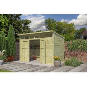 Abri en bois massif 6m2 Q-Line 360x180cm - 28mm - Imprégnation verte - Toiture Photo de l'Abri en bois massif 6m2 Q-Line 360x180cm - Imprégnation verte