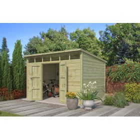 Abri en bois massif 8m2 Q-Line 360x240cm - 28mm - Imprégnation verte Photo de l'Abri en bois massif 8m2 Q-Line 360x240cm - Imprégnation verte