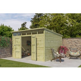 Abri en bois massif 10m2 Q-Line 360x300cm - 28mm - Imprégnation verte Photo de l'Abri en bois massif 10m2 Q-Line 360x300cm