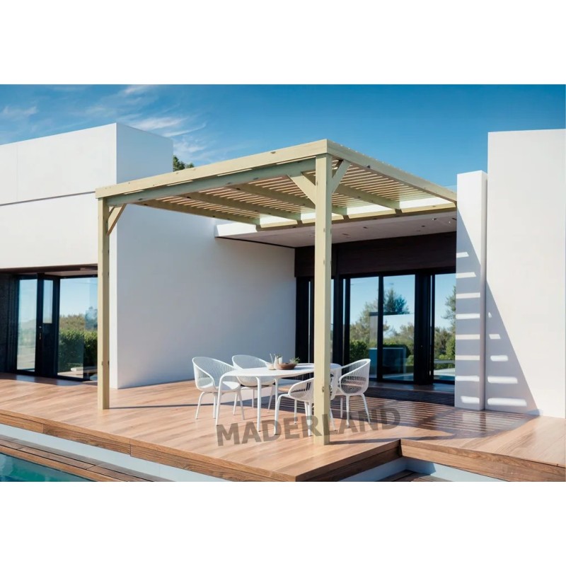 Pergola adossée MONTPELLIER en bois massif avec toit semi-couvert sur terrasse