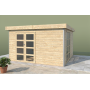 Abri bois massif 15m², façade en bois clair avec porte double vitrée et fenêtres à cadre, toit plat en alu, bac acier, sur terra