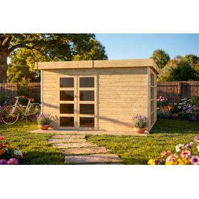Abri de jardin en bois massif, entrée à portes vitrées, toit plat en alu, entouré de jardin et de fleurs.