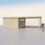 Pool house bois massif 30m² en épicéa 28mm avec toit plat alu et auvent latéral ouvert, porte double vitrée