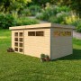 Abri bois massif 14m² Kesako 28mm toit plat acier étanche, double porte vitrée, posé sur pelouse verte