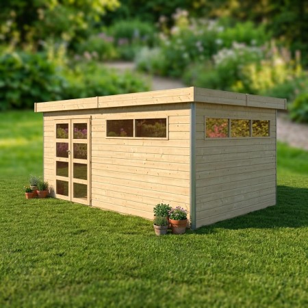 Abri bois massif 14m² Kesako 28mm toit plat acier étanche, double porte vitrée, posé sur pelouse verte