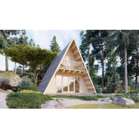 Vue de face d'une maison en A atypique modèle Moose en madriers de 44mm avec grande baie vitrée et balcon en bois