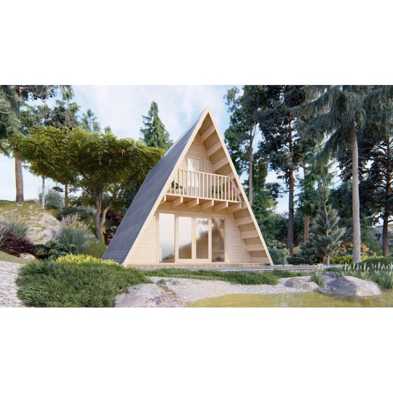Vue de face d'une maison en A atypique modèle Moose en madriers de 44mm avec grande baie vitrée et balcon en bois