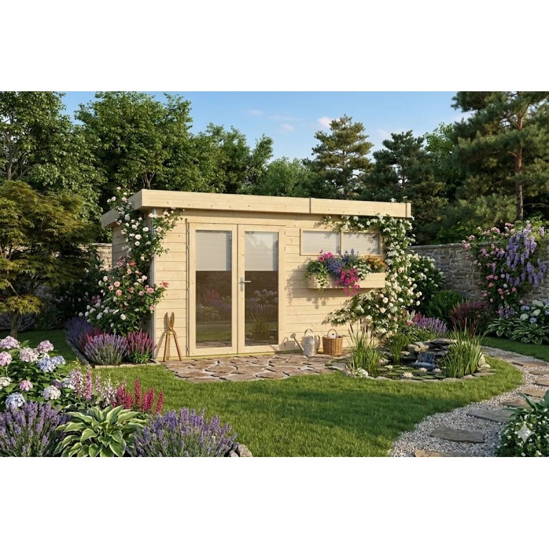 Abri en bois massif 19m2 Kesako XXL 485x385cm - 28mm - Alu - Bac acier