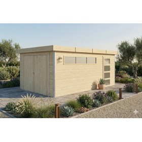 Garage bois 17m2 Kesako 535x325 - 28mm - Toit plat bac acier laqué - 1 voiture