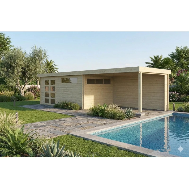 Pool House 26m2 - 905x295cm - 44mm - Bac acier laqué - Toit plat