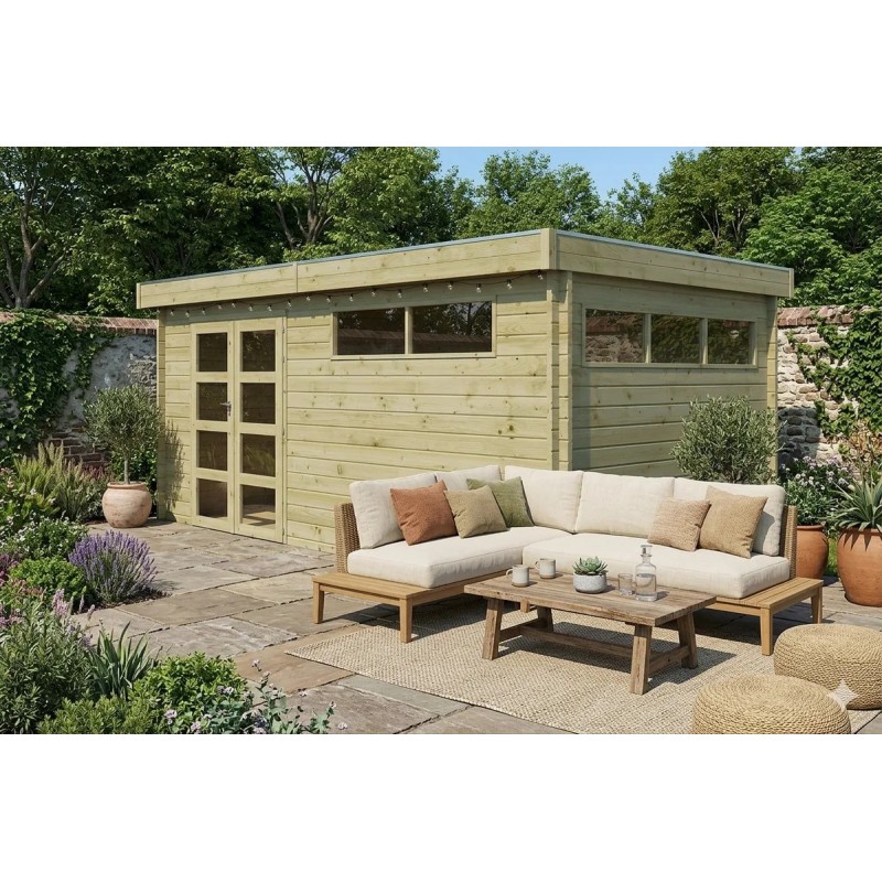 Abri de jardin 15m2 - 505x295cm - 44mm - Imprégnation verte - Toit plat